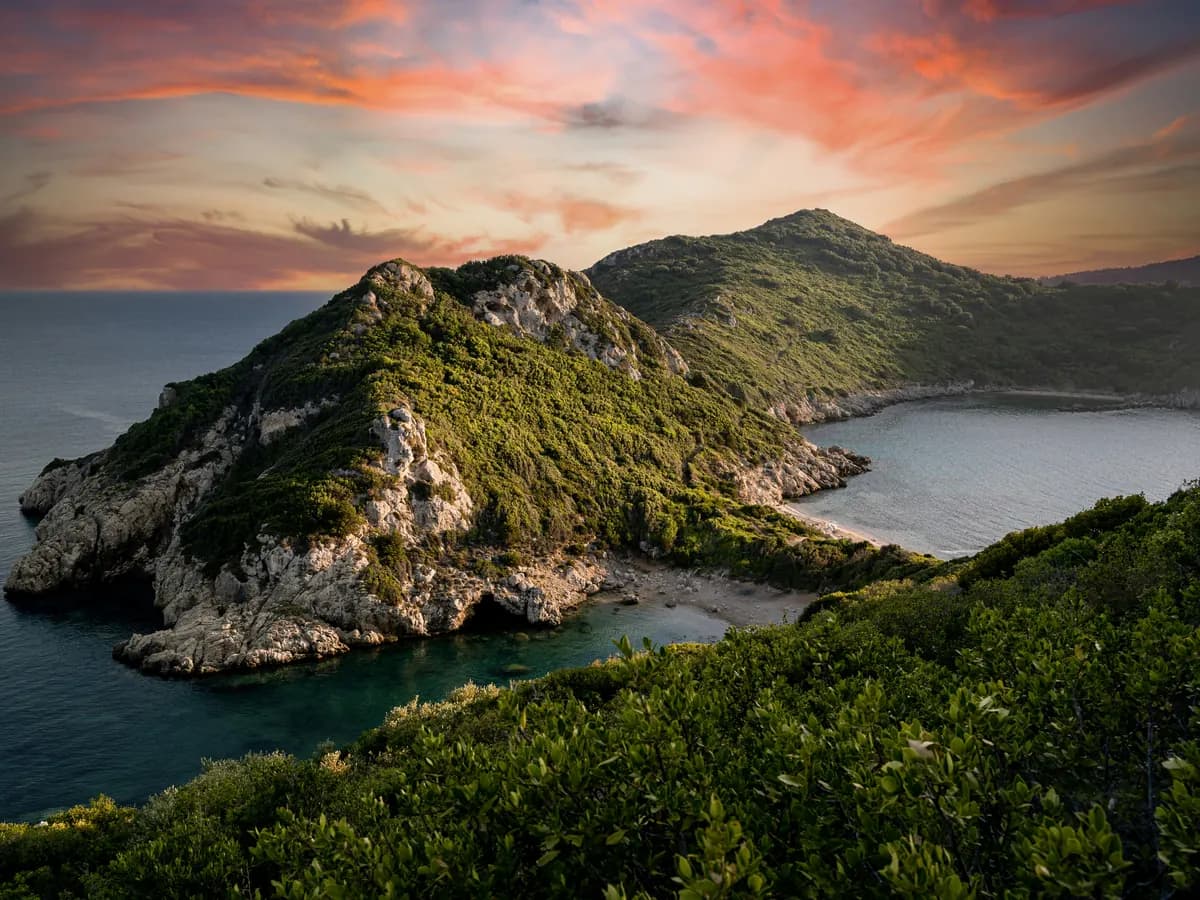 Ionian Islands: green hills above a turquoise cove